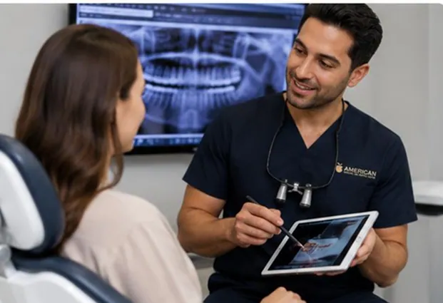 Dentist explaining an X-ray to a patient on a tablet